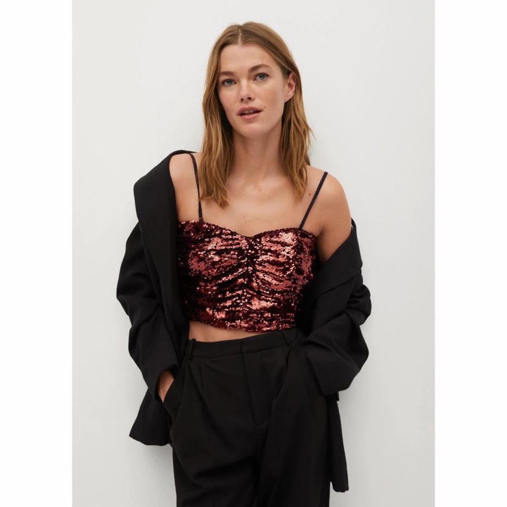 MANGO NWT Brown Sequin Sleeveless Ruched Front Convertible Crop Top S